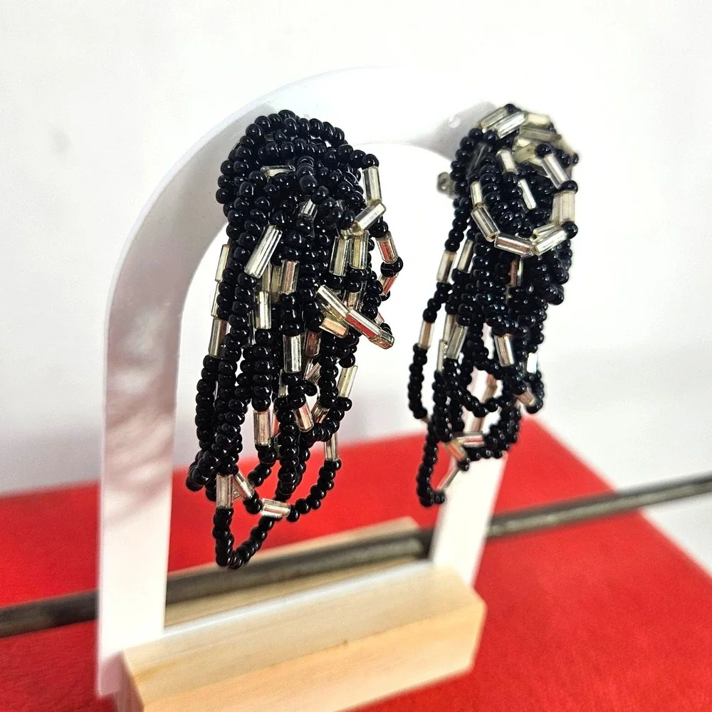 Vintage Black Silver Seed Bead‎ Waterfall Tassel Cluster Clip On Earrings 2
